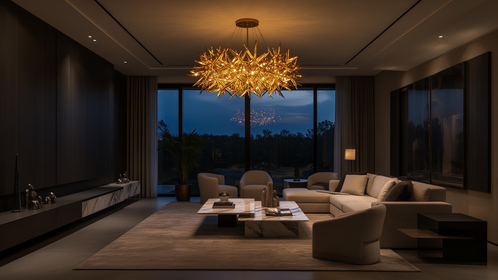 Lustre dourado em sala de estar de luxo em Balneário Camboriú